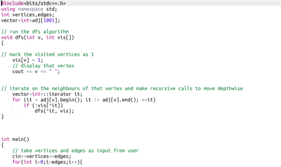 Winclude<bits/stdc++.h> using namespace std; int vertices, edges; vector int>adj[1001]; // run the dfs algorithm void dfs(int