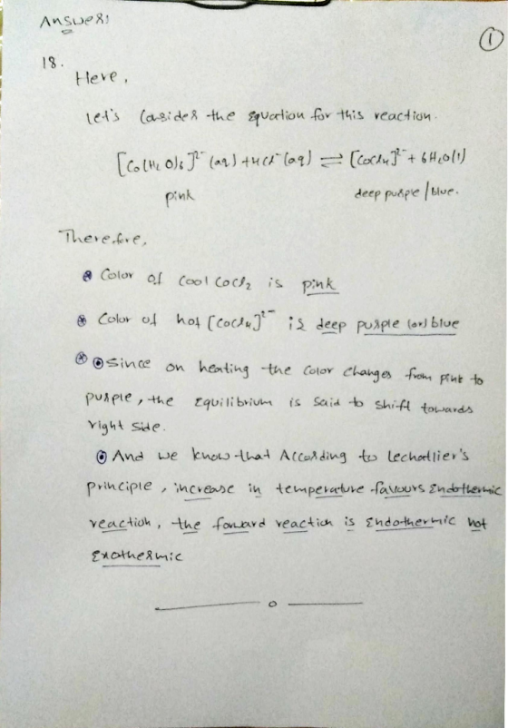 Answer 18 Here, lets Cassides the equation for this reaction [Colto) 7 (aq) that lag) [coclu? + 6H2011) deep purple/blue. pi