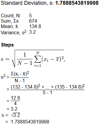 Standard Deviation, s: 1.7888543819998 Count, N 5 Sum, Ex: 674 Mean, X 134.8 Variance, s2: 3.2 Steps N 1 S = (xi – T), N 1 i=