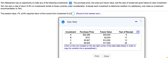 Terri Allessandro has an opportunity to make any of the following investments: The purchase price, the lump-sum future value,