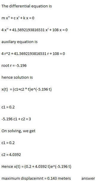 The differential equation is mx + cx + x = 0 4x +41.5692193816531 x +108 x = 0 auxilary equation is 4^2 +41.5692193816531