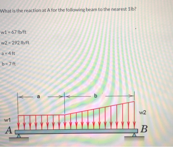 What is the reaction at A for the following beam to the nearest 1lb? W1 = 67 lb/ft W2 = 292 lb/ft a = 4 ft b= 7 ft w2 W1 A