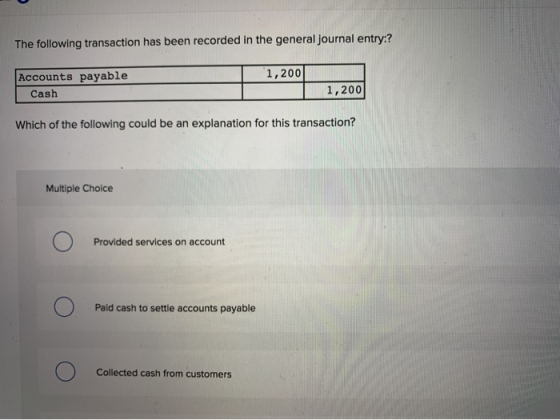 The following transaction has been recorded in the general Journal entry:? 1,200 Accounts payable Cash 1,200 Which of the fol