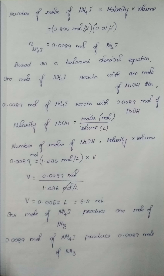 Neember of indes og NHL I = Moleky x volume =(0.890 melly) (0.014) Muit = 0.0089 mil RHLE Z Based on a balanced chemical equa