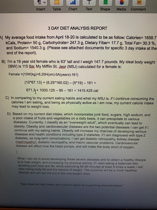 Tv EBU T Insert Table Chart E Media Text Shape Comment 3 DAY DIET ANALYSIS REPORT ) My average food intake from April 18-20 i