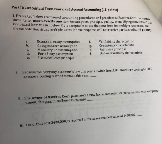Part II: Conceptual Framework and Accrual Accounting (15 points) 1. Presented below are three of accounting procedures and pr