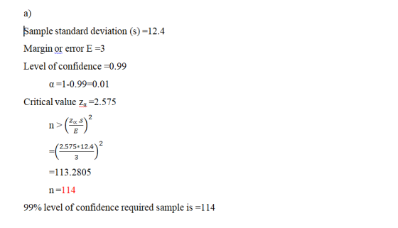 a) Sample standard deviation (s)-12.4 Margin or error E-3 Level of confidence-0.99 α=1-0.99-0.01 Critical value a -2.575 (521