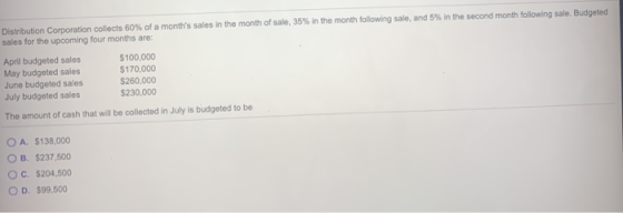 Distribution Corporation collects 60% of a months sales in the month of sale, 35% in the month following sale, and 5% in the