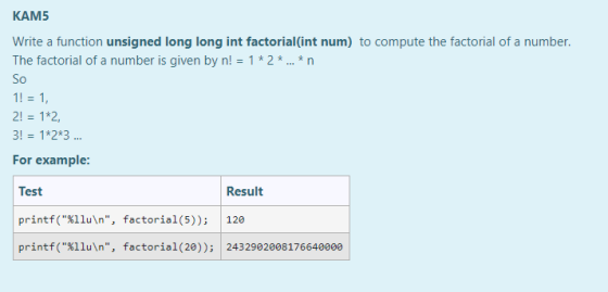 KAM5 Write a function unsigned long long int factorial(int num) to compute the factorial of a number. The factorial of a numb