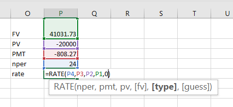 0 / P R S T U 41031.73! -20000| -808.27! I PVT PMT nper rate =RATE(P4,P3,P2,P1,0) RATE(nper, pmt, pv, [fv], [type], [guess])
