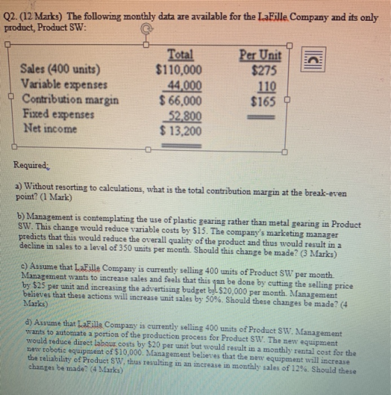 22.(12 Marks) The following monthly data are available for the LaFile Company and its only product, Product SW: Per Unit $275