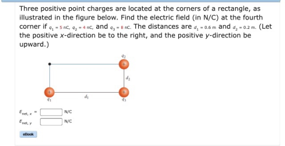 Three positive point charges are located at the corners of a rectangle, as illustrated in the figure below. Find the electric field (in N/C) at the fourth corner if q1 = 5 nc, q2= 4 nC, and q3= 8 nc. The distances are d1 = 0.5 m and d2=0.2 m. (Let the positive x-direction be to the right, and the positive y-direction be upward.) 42 d2 d1 43 N/C net, x N/C net, Y eBook