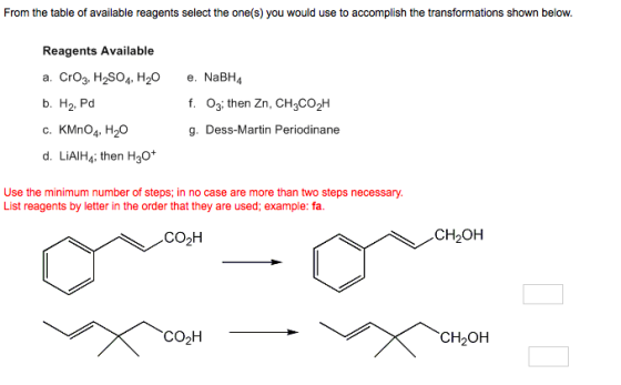 Image for From the table of available reagents select the one(s) you would use to accomplish the transformations shown b