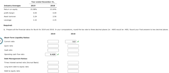 Year ended December 31, Industry Averages 2019 2018 Return on equity 25.98% 23.04% profit margin 0.04 Asset turnover 0.05 2.2