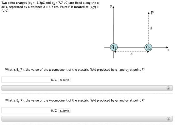 Two point charges (A1--2.2pC and q2-7.7 μC) are fixed along the x- axis, separated by a distance d 6.7 cm. Point P is located at (x,y) (d,d) i d q1 42 What is Ex(P), the value of the x-component of the electric field produced by q1 and q2 at point P? N/C Submit What is Ey(P), the value of the y-component of the electric field produced by q1 and q2 at point P? N/C Submit
