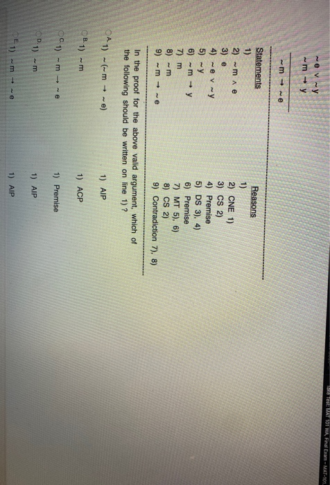 1. Test: MAT 101 WA. Final Bran - MAT-101 weny my me Statements 1) 2) me 3) e 4) -evy 5) - 6) my 7) m 8) m 9) m-e Reasons 1)