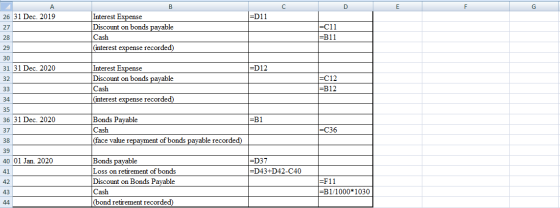 C D 26 31 Dec. 2019 =D11 в Interest Expense Discount on bonds payable Cash (interest expense recorded) =C11 =B11 28 31 Dec. 2