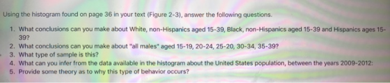 Using the histogram found on page 36 in your text (Figure 2-3), answer the following questions. 1. What conclusions can you make about White, non-Hispanics aged 15-39, Black, non-Hispanics aged 15-39 and Hispanics ages 15- 39? 2. What conclusions can you make about all males aged 15-19, 20-24, 25-20, 30-34, 35-39? 3. What type of sample is this? 4. What can you infer from the data available in the histogram about the United States population, between the years 2009-2012 5. Provide some theory as to why this type of behavior occurs?