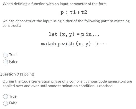 When defining a function with an input parameter of the form p: t1 * t2 we can deconstruct the input using either of the foll