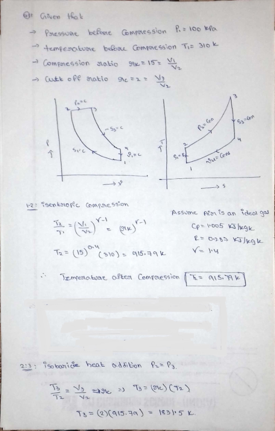 & Given that - Pressure before Compression P= 100 kPa temperature before Compression Ti= 310k - Comparession ratio Ilk = 15 -