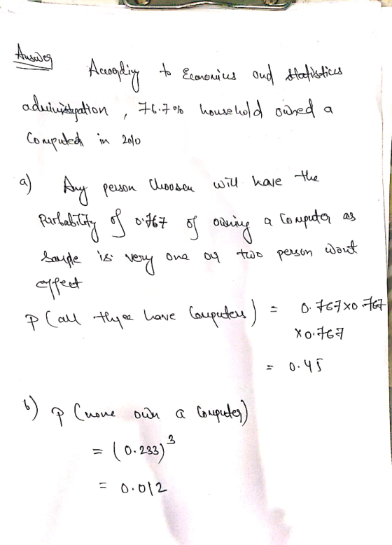 Amalg Acording to Economics and Hatistics administration , 76.7% household owned a Computch in Bolo a) Any person choosen wil