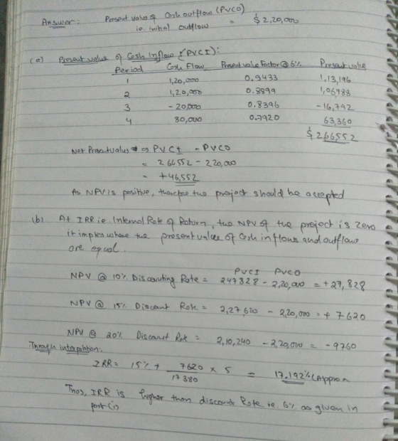 Answer: $ 2,20,00 Prosout value of Cash out flow (Pvco). io inibal outflow (a) Present value of Cash inflow & PVCI): Period C