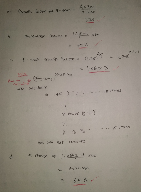 a. Growth factor for 9-year = $63000 $36000 = 1.75 percentage Change = xlo = 75% c. 1-year growth factor = (1.75 l = 41.75 -