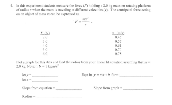 4. In this experiment students measure the force (F) holding a 2.0 kg mass on rotating platfornm of radius r when the mass is traveling at different velocities (v). The centripetal force acting on an object of mass m can be expressed as mv E N 2.0 v (m/s) 0.46 0.55 0.61 0.70 0.78 4.0 5.0 6.0 Plot a graph for this data and find the radius from your linear fit equation assuming that m 2.0 kg. Note: 1 N = 1 kg m/s let y = Eqn in y = mx+b form: let x = Slope from equation Radius Slope from graph-