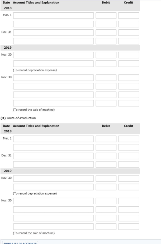Debit Credit Date Account Titles and Explanation 2018 Mar. 1 Dec. 31 2019 Nov. 30 (To record depreciation expense) Nov. 30 (T