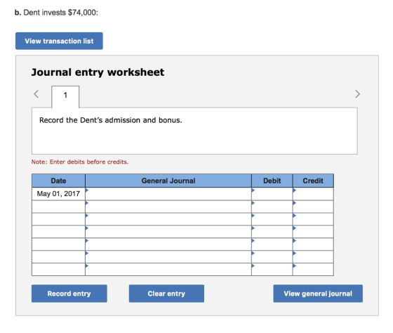 b. Dent invests $74,000 View transaction list Journal entry worksheet Record the Dents admission and bonus. Note: Enter debits before credits. Date General Journal Debit Credit May 01, 2017 Record entry Clear entry View general journal