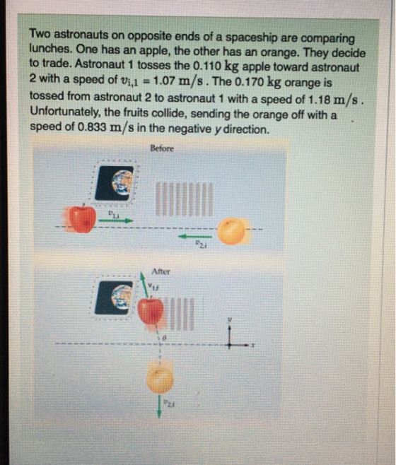 Two astronauts on opposite ends of a spaceship are comparing lunches. One has an apple, the other has an orange. They decide