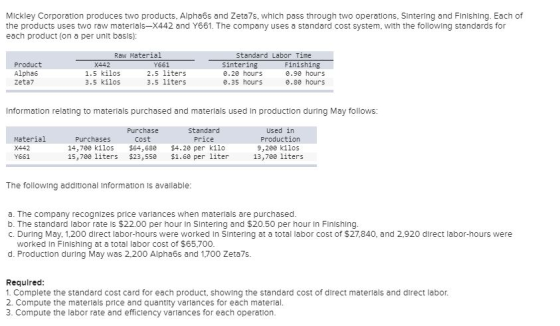 Mickley Corporation produces two products, Alpha6s and Zeta7s, which pass through two operations, Sintering and Finishing. Ea