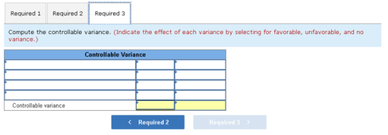 Required 1 Required 2 Required 3 Compute the controllable variance. (Indicate the effect of each variance by selecting for fa
