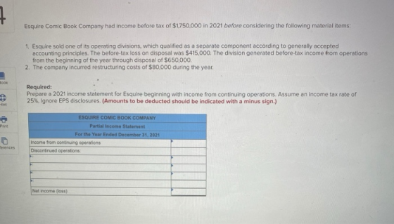 Esquire Comic Book Company had income before tax of $1750,000 in 2021 before considering the following material items: 1. Esq