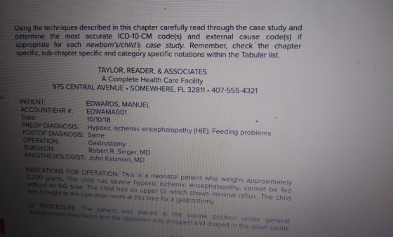 Using the techniques described in this chapter carefully read through the case study and determine the most accurate ICD-10-C