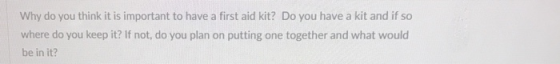 Why do you think it is important to have a first aid kit? Do you have a kit and if so where do you keep it? If not, do you pl