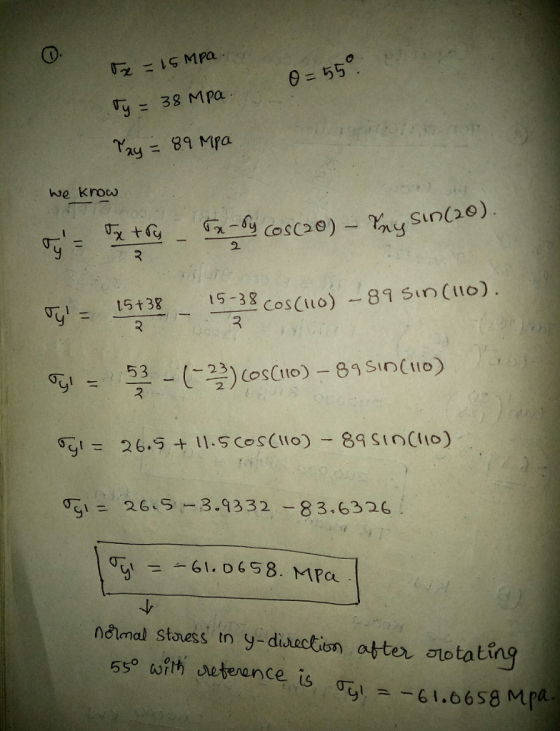 hay= 89 Mpa we kro 20) 2. s1315-38 cos(uo)8 Sin Cuo) 53 23 呱= 26.5,-3.9332-83.6326 5s9 with seteance is o) 61.6658 Mpa