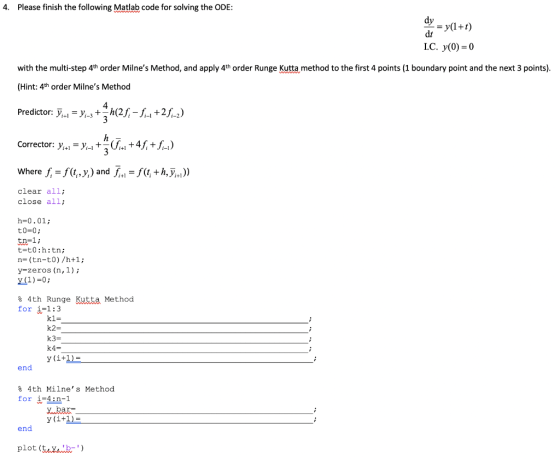 4. Please finish the following Matlab code for solving the ODE: dy = y(1+1) dt I.C. y(0) = 0 with the multi-step 4th order Mi