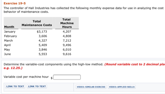 Exercise 19-5 The controller of Hall Industries has collected the following monthly expense data for use in analyzing the cos