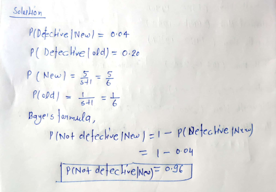 Solection PlDetectivel New I = 0.04 PC Detechvel old) = 0.20 P (New) = 1 = 8 Plold) = 6 = t Bayels formula, PlNot defective i