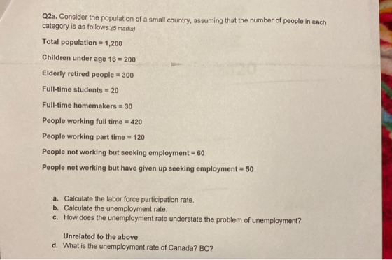 Q2a. Consider the population of a small country, assuming that the number of people in each category is as follows:(5 marks)