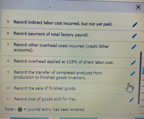 5 Record indirect labor cost incurred, but not yet paid. 6 Record payment of total factory payroll. 7 Record other overhead c