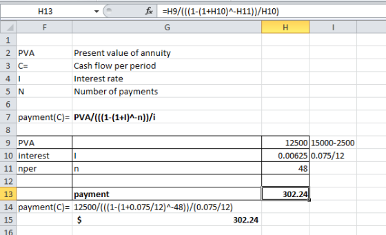H13 fax =H9/(((1-(1+H10)^-H11))/H10) 1 2 PVA 3 c= 4 . 5 N Present value of annuity Cash flow per period Interest rate Number
