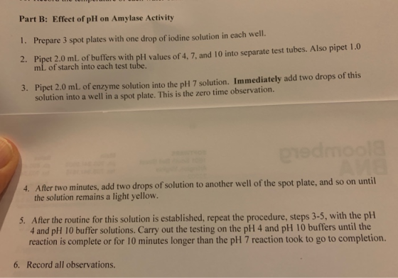 Part B: Effect of pH on Amylase Activity 1. Prepare 3 spot plates with one drop of iodine solution in each well. 2. Pipet 2.0
