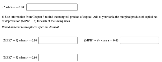 c* when s = 0.80: d. Use information from Chapter 3 to find the marginal product of capital. Add to your table the marginal p