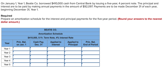 On January 1, Year 1, Beatie Co. borrowed $410,000 cash from Central Bank by issuing a five-year, 4 percent note. The princip