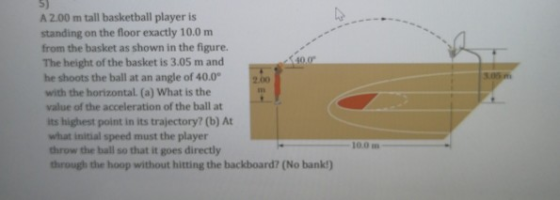 A 2.00 m tall basketball player is standing on the floor exactly 10.0 m from the basket as shown in the figure. The height of the basket is 3.05 m and he shoots the ball at an angle of 40.0 with the horizontal. (a) What is the value of the acceleration of the ball at its highest point in its trajectory? (b) At what initial speed must the player throw the ball so that it goes directly 10.0 m through the hoop without hitting the backboard? (No bank!)