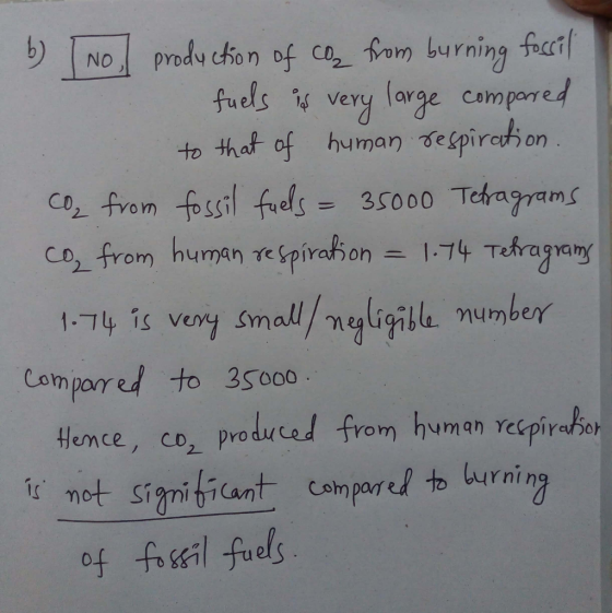 b) I No, production of CO₂ from burning fossil fuels is very large compared to that of human respiration. CO₂ from fossil fue