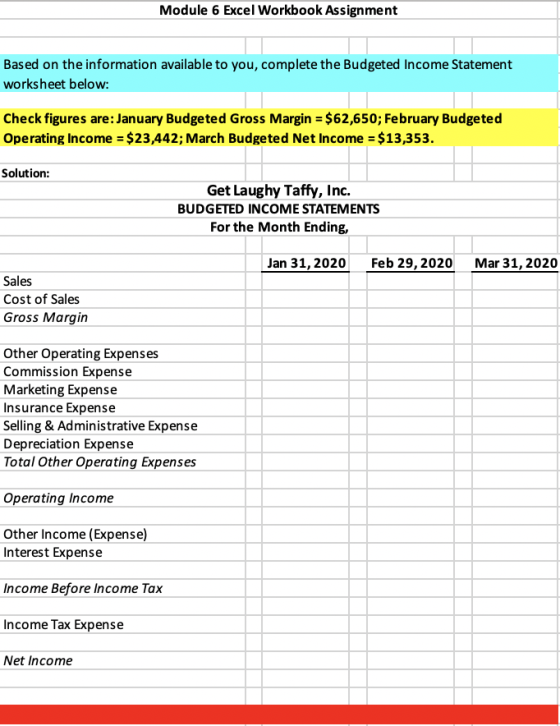 Module 6 Excel Workbook Assignment Based on the information available to you, complete the Budgeted Income Statement workshee