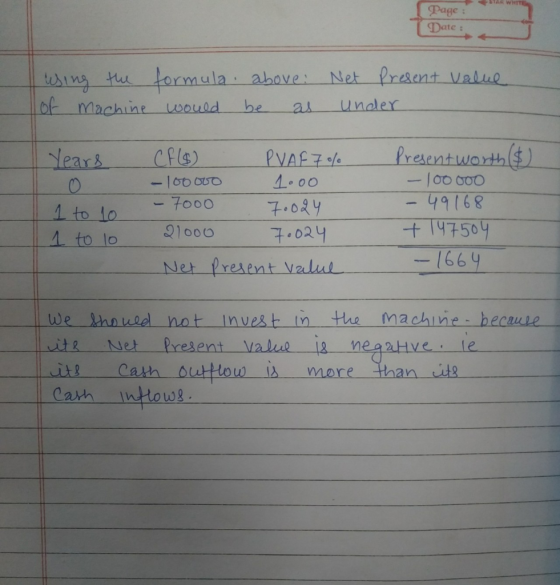 WHITE Page : Date: using the formula of machine would above: be as Net Present value under Years know 1 to 10 1 to 10 CA (6)